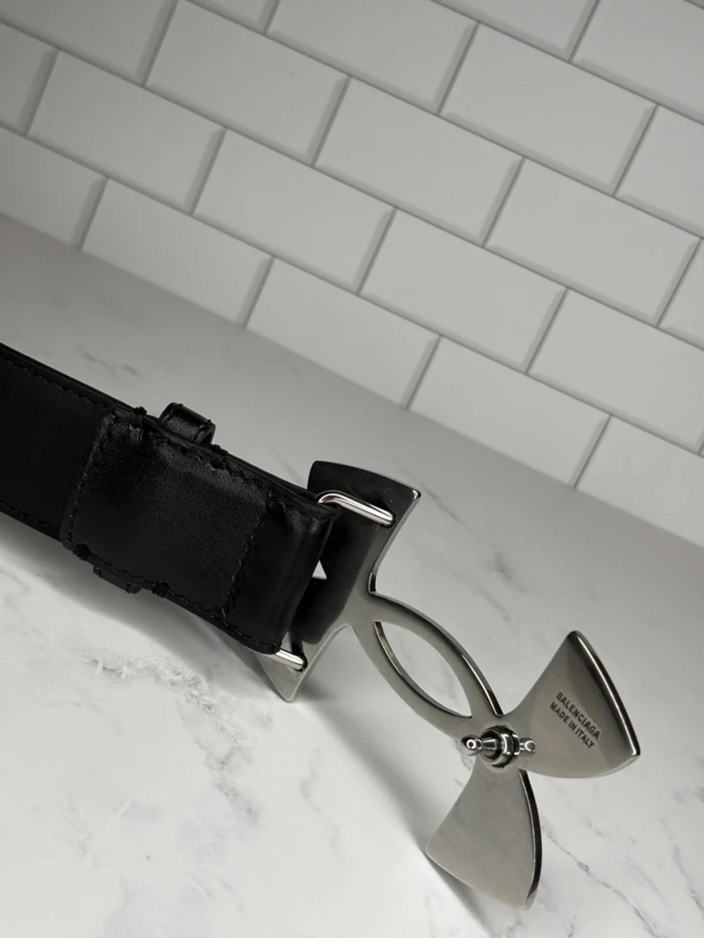 Balenciaga x Under Armour Black Leather Men's Belt with Silver Logo Buckle